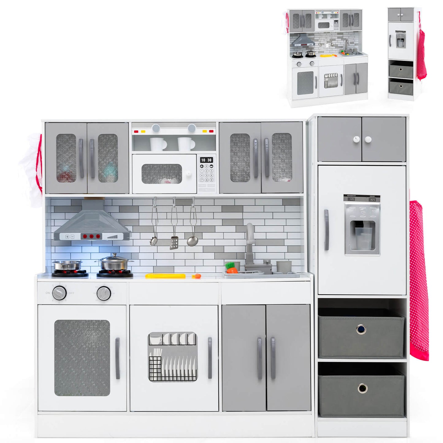 Infans Wooden Kitchen Playset w/Lights Sounds Interactive Features Storage AccessoriesGray + White