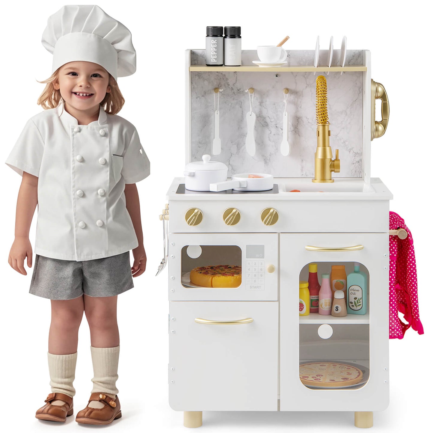 Infans Kids Kitchen Set Pretend Play Kitchen with Stoves, Faucet, Sink, Telephone