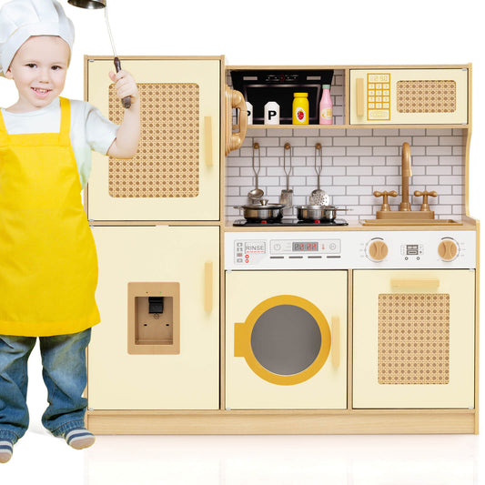Infans Wooden Kids Kitchen Playset Pretend Play Kitchen w/ Real Sounds Lights Pink