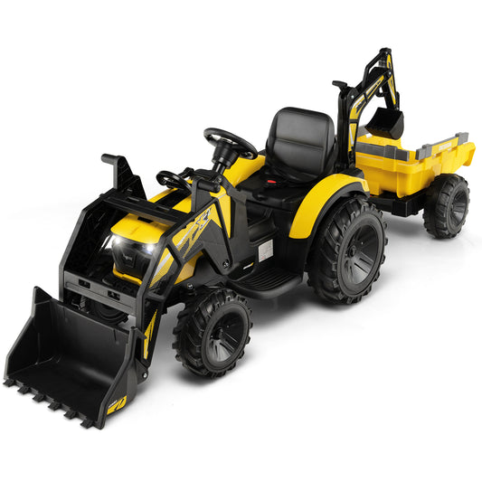 Infans 3-in-1 Kids Ride On Excavator Bulldozer 12V Electric Tractor Remote w/ TrailerYellow