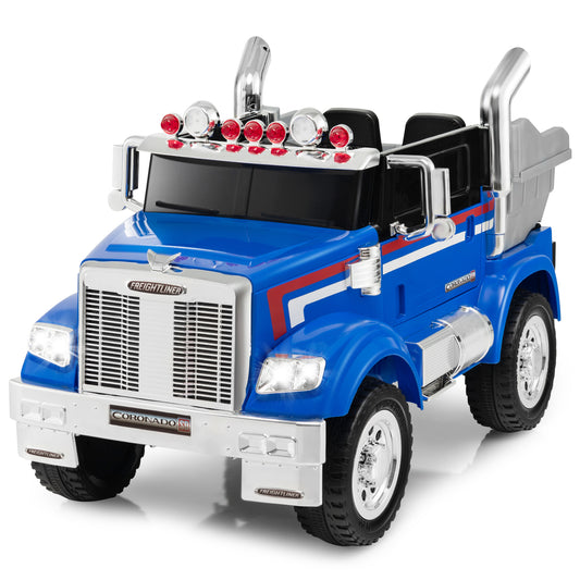 Infans 12V Licensed Freightliner Kids Ride On Truck Car RC w/ Dump Box & Lights Blue