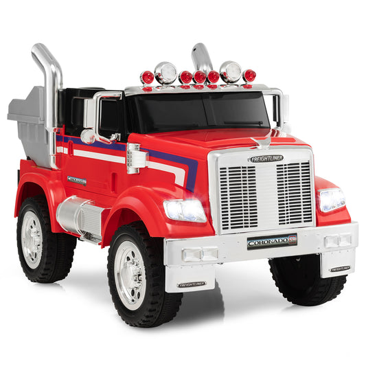 Infans 12V Licensed Freightliner Kids Ride On Truck Car RC w/ Dump Box & Lights Red