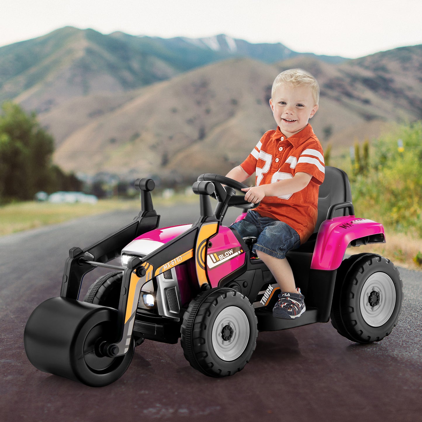 Infans Kids Ride On Road Roller 12V Electric Tractor Remote w/ Music & LED Light Pink