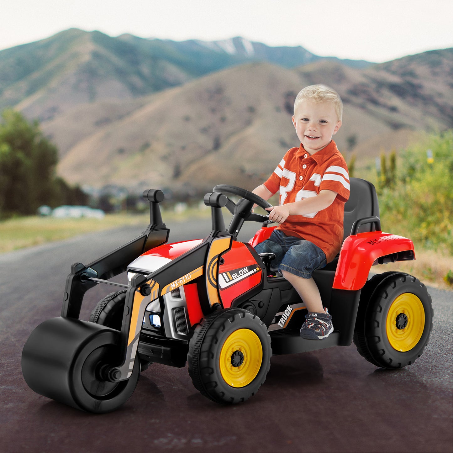 Infans Kids Ride On Road Roller 12V Electric Tractor Remote w/ Music & LED Light Red