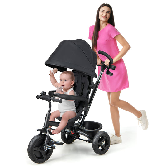 Infans 4-in-1 Baby Tricycle Toddler Trike w/ Reversible Seat, Canopy & Push HandleBlack