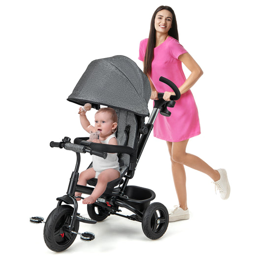Infans 4-in-1 Baby Tricycle Toddler Trike w/ Reversible Seat, Canopy & Push HandleGray