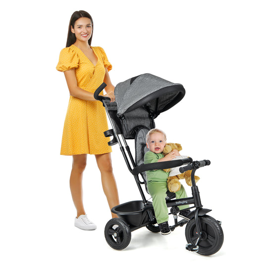 Infans 4-in-1 Multifunctional Tricycle Kids Trike w/ Removable Canopy & Push HandleGray