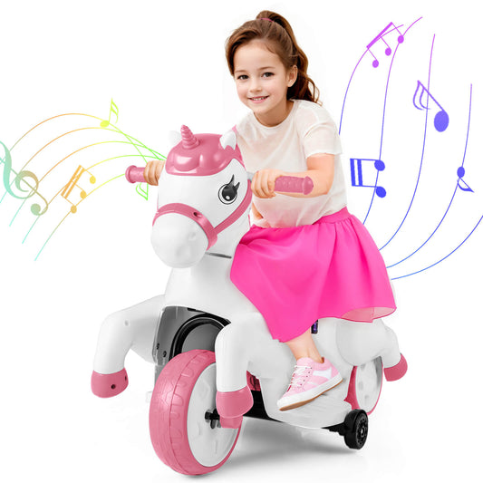 Infans 12V Kids Ride on Unicorn Toy w/ Training Wheels Music One-button Start Horse ToyRose Red & White