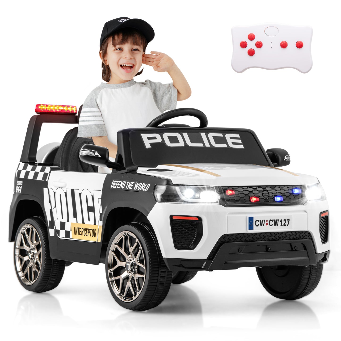 Infans Kids Ride on Police Car 12V 7A Battery Powered Cop Car w/ Remote ControlWhite