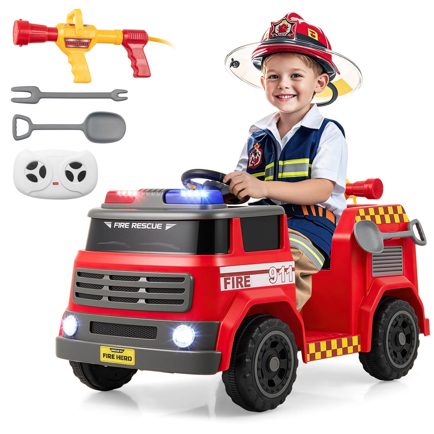 Infans 12V Battery Powered Car Toy w/Water Gun & Tank Interphone Shovel Wrench Music