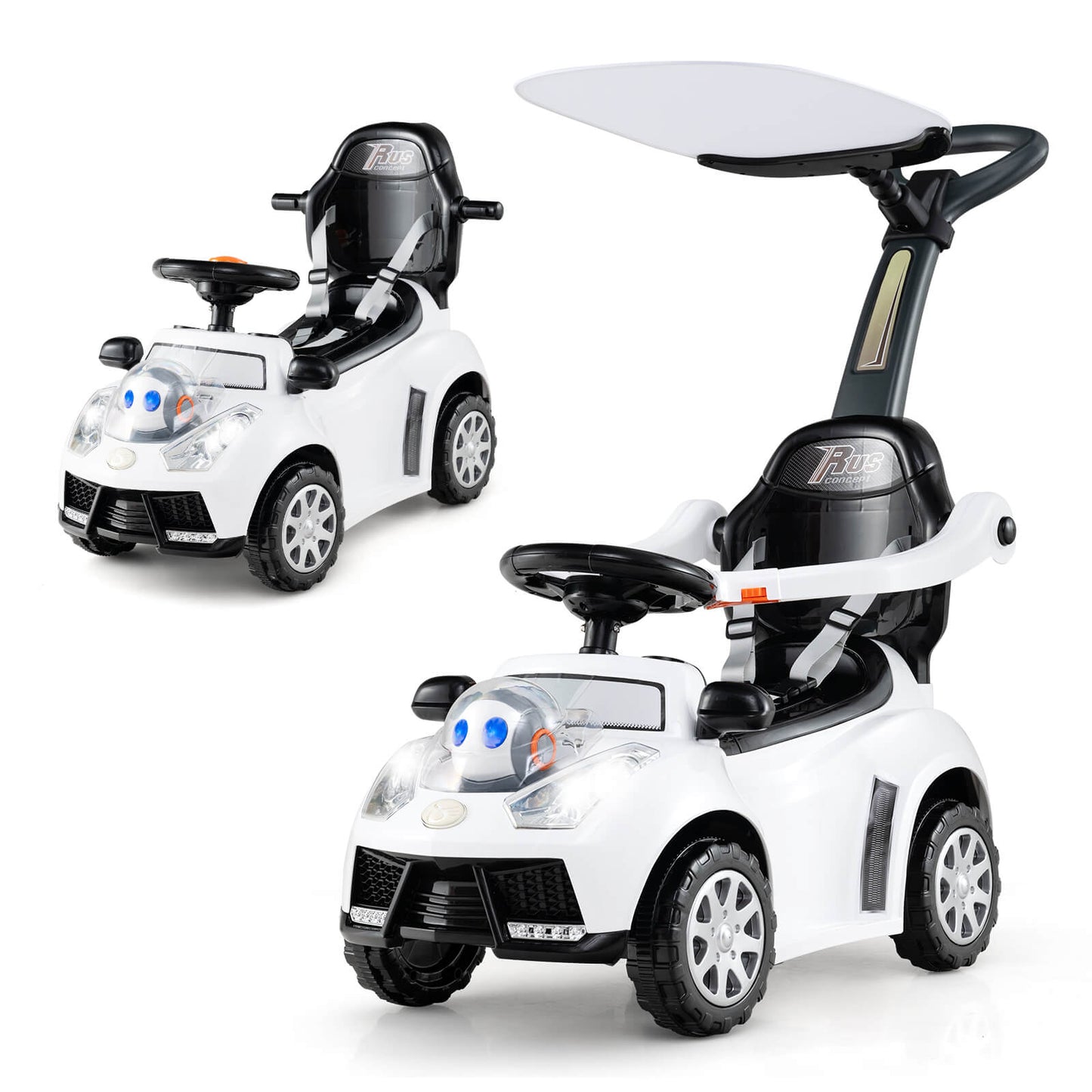 Infans 3-in-1 Sliding Walker withAdjustable Canopy Horn Music and Light for Boys and GirlsWhite