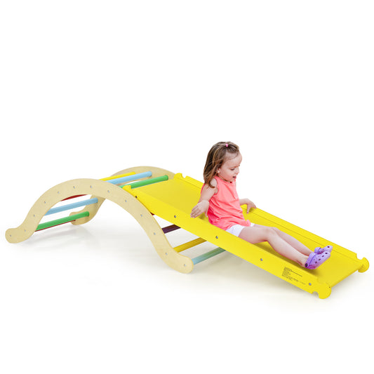 Infans 3-in-1 Kids Climber Set Wooden Arch Triangle Rocker w/ Ramp & Blue Mat