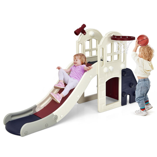 Infans 6-In-1 Large Slide for Kids Toddler Climber Slide Playset w/ Basketball Hoop