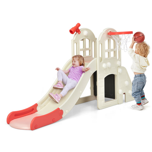 Infans 6-In-1 Large Slide for Kids Toddler Climber Slide Playset w/ Basketball HoopPink