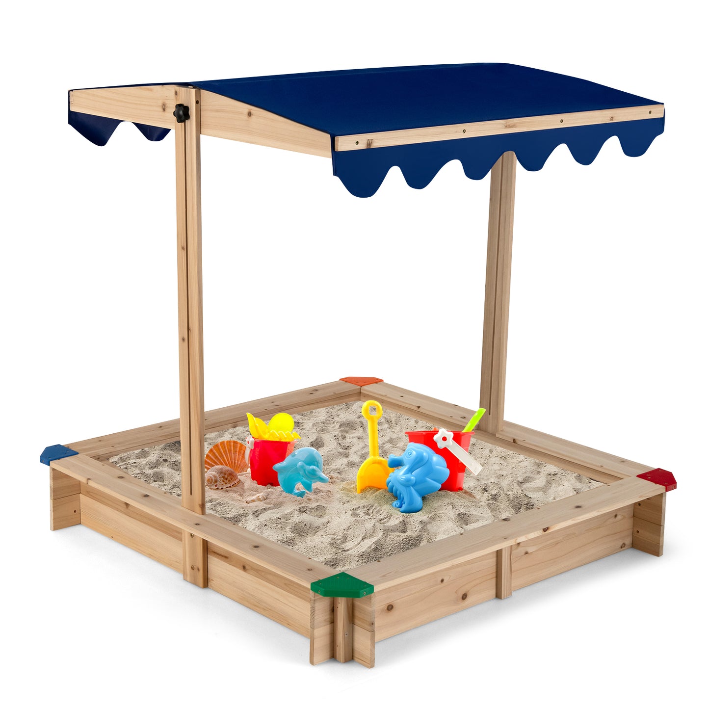 Infans Kids Wooden Sandbox with Height Adjustable & Rotatable Canopy Outdoor Playset