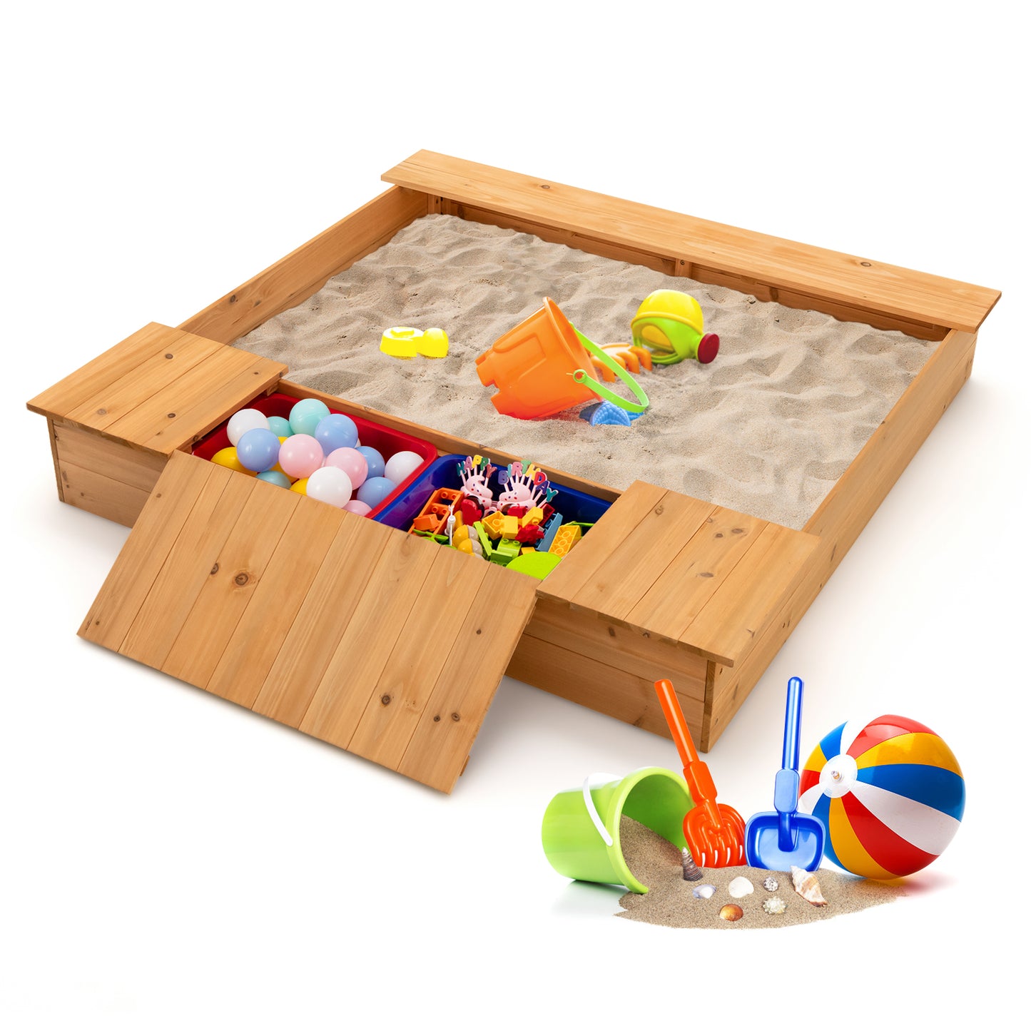Infans Kids Wooden Sandbox w/ Bench Seats & Storage Boxes Children Outdoor Playset