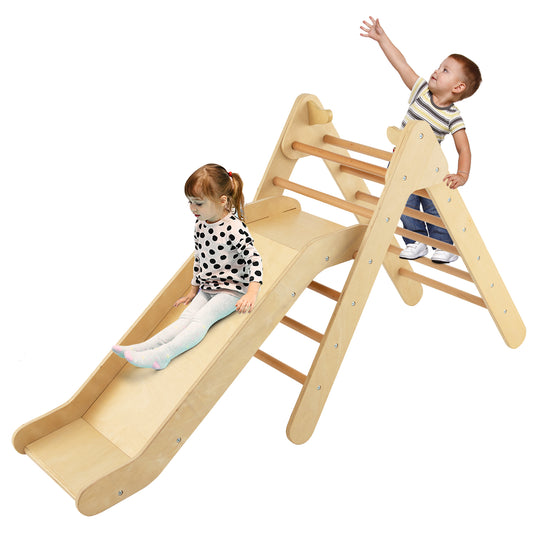 Infans 2-in-1 Wooden Climbing Triangle Set Triangle Climber w/ Ramp Natural