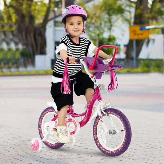 Infans 14 inch Kids Bike w/Doll Seat Girls Bicycle w/Training Wheels for 3-5 Years Old Girl