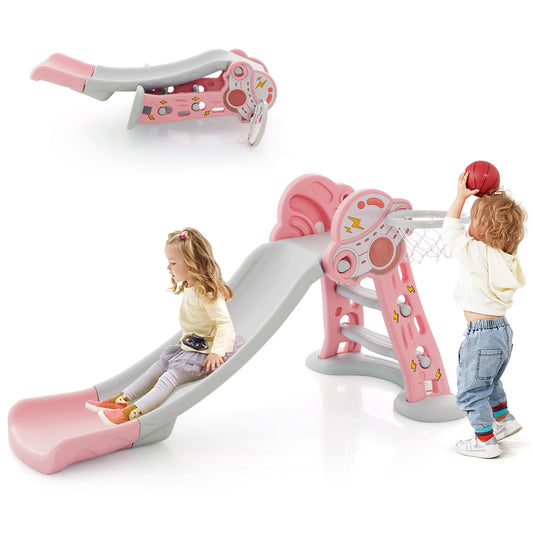 Infans 3-in-1 Kids Indoor Slide w/ Basketball Hoop & Basketball, Safe Buffer Zone Pink