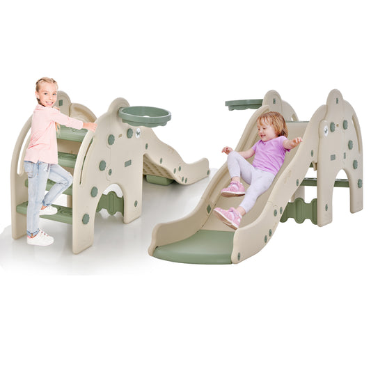 Infans 3-in-1 Toddler Slide w/ Buffer Zone Basketball Hoop & Ball Elephant Design