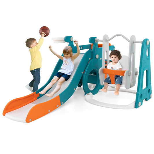 Infans 5-in-1 Toddler Slide Set w/ Basketball Hoop and Swing Baby Slide Playset Indoor