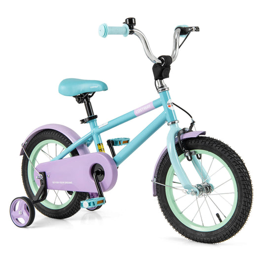 Infans 14inch Kids Bike w/Adjustable Saddle Handlebar Removable Training Wheels HandbrakeBlue + Purple