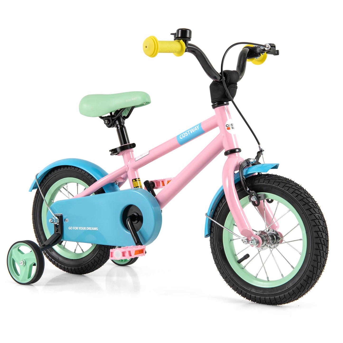 Infans 12inch Kids Bike w/Adjustable Saddle Handlebar Removable Training Wheels HandbrakePink + Green + Blue + Yellow