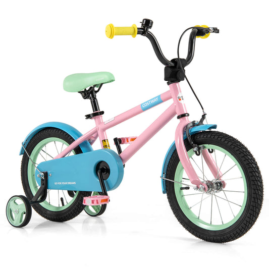 Infans 14inch Kids Bike w/Adjustable Saddle Handlebar Removable Training Wheels HandbrakePink + Green + Blue + Yellow