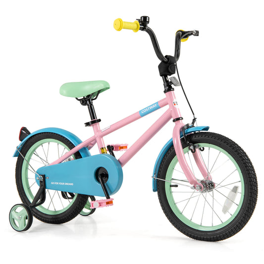 Infans 16inch Kids Bike w/Adjustable Saddle Handlebar Removable Training Wheels HandbrakePink + Green + Blue + Yellow