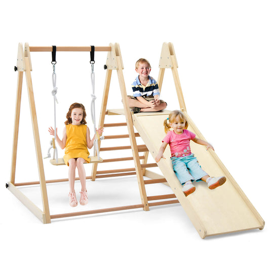 Infans 5-in-1 Kids Indoor Playground w/Slide Climbing Rock Adjustable Swing Wooden