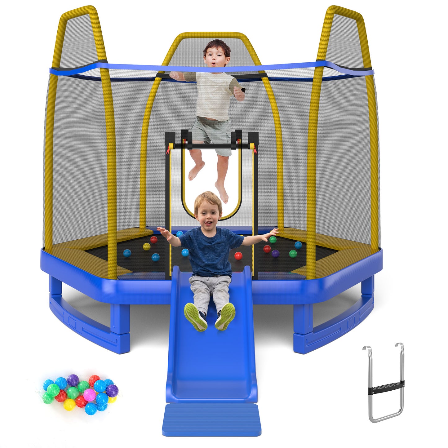 Infans 7FT Kids Recreational Trampoline w/Ladder & Slide Ocean Ball Indoor OutdoorBlue/Yellow