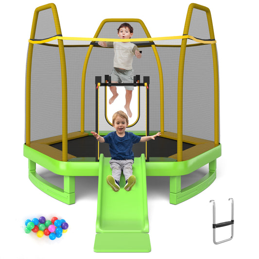 Infans 7FT Kids Recreational Trampoline w/Ladder & Slide Ocean Ball Indoor OutdoorGreen/Yellow
