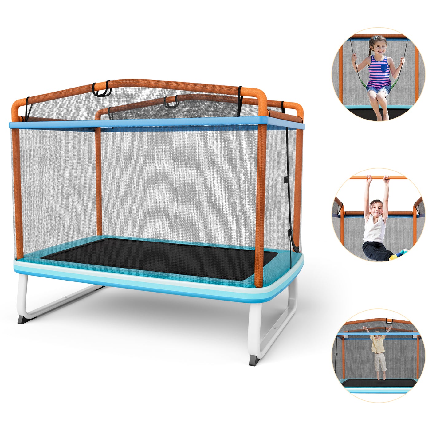 Infans 3-in-1 6FT Rectangle Kids Trampoline W/Swing Horizontal Bar & Safety Net OutdoorBlue/Orange