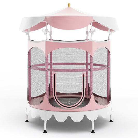 Infans 64 inch Kids Trampoline w/ Detachable Canopy Safety Enclosure Net Foam Handle Pink