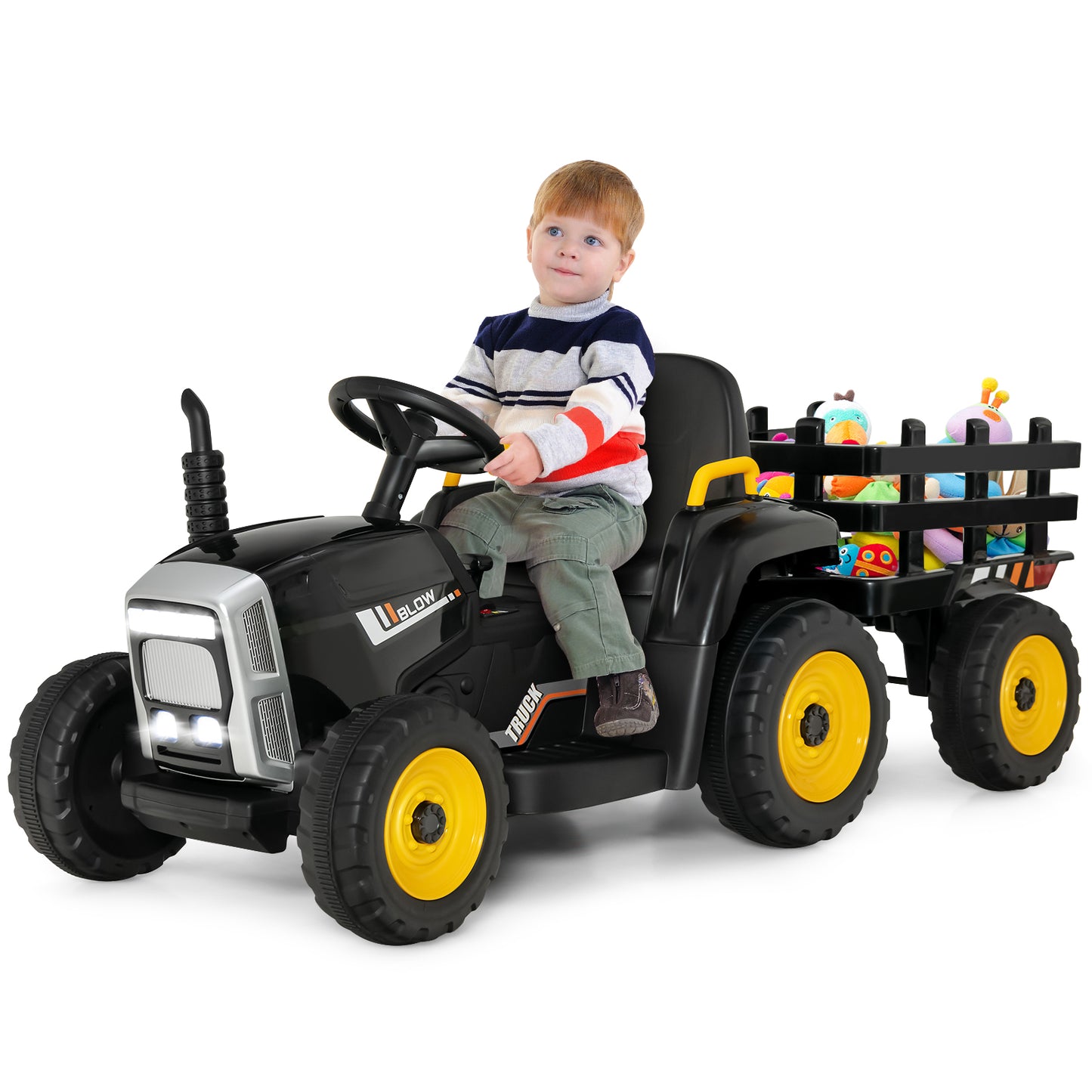 Infans 12V Kids Ride On Tractor with Trailer Ground Loader w/ RC & Lights Dark Black
