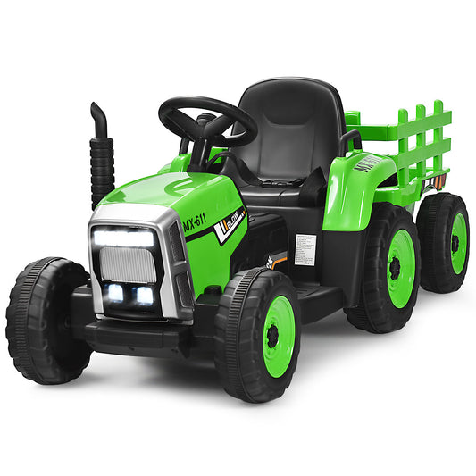 Infans 12V Kids Ride On Tractor with Trailer Ground Loader w/RC & Lights Green