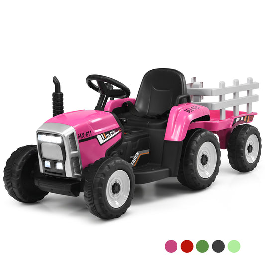 Infans 12V Kids Ride On Tractor with Trailer Ground Loader w/ RC & Lights Pink