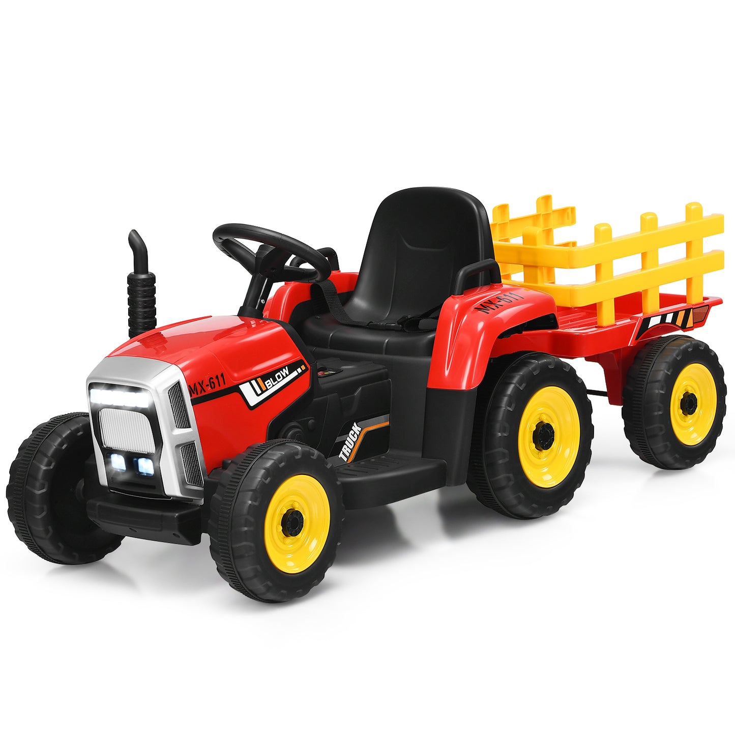 Infans 12V Kids Ride On Tractor with Trailer Ground Loader w/ RC & Lights Red