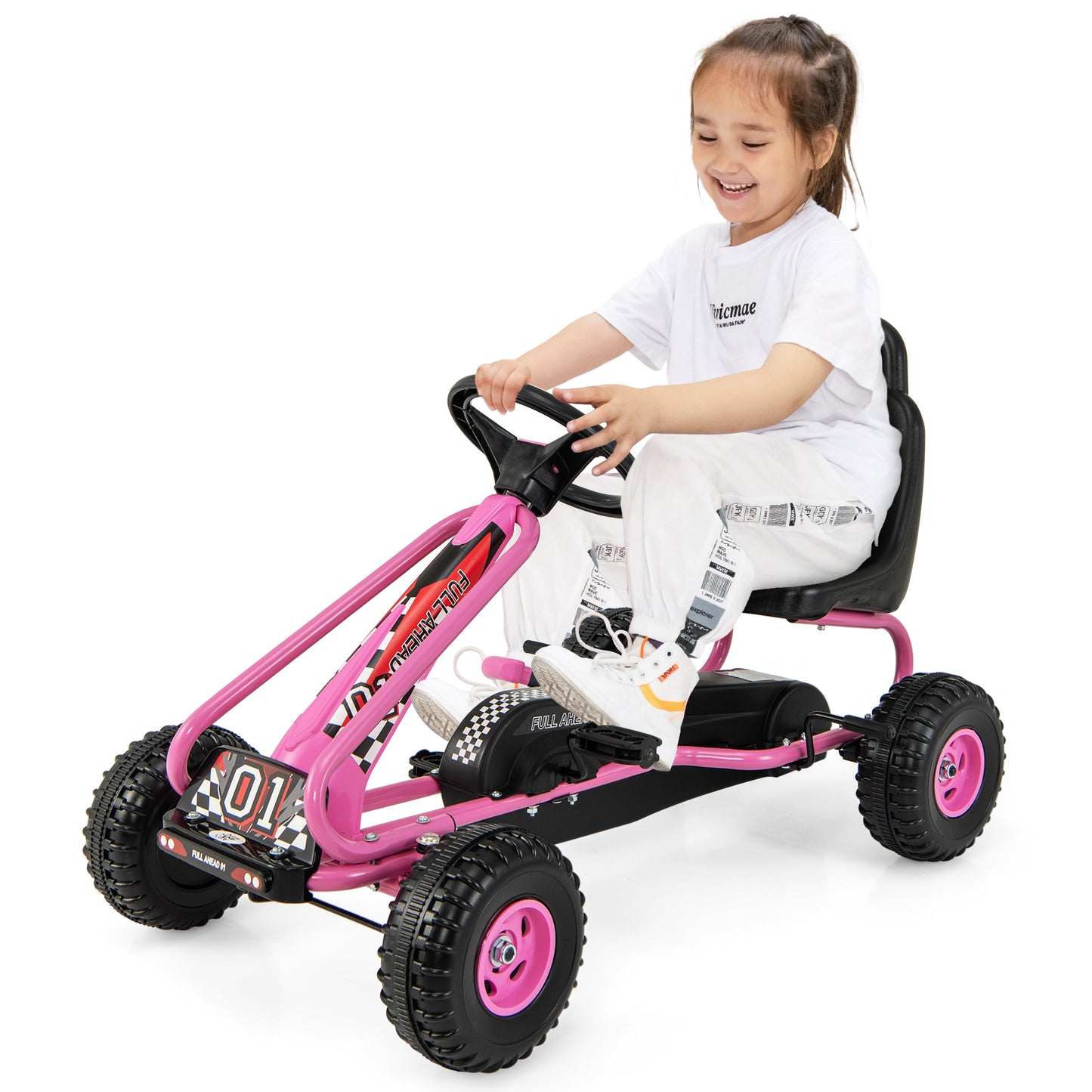 Infans Kids Pedal Go Kart 4 Wheel Ride On Toys w/ Adjustable Seat Handbrake RedPink