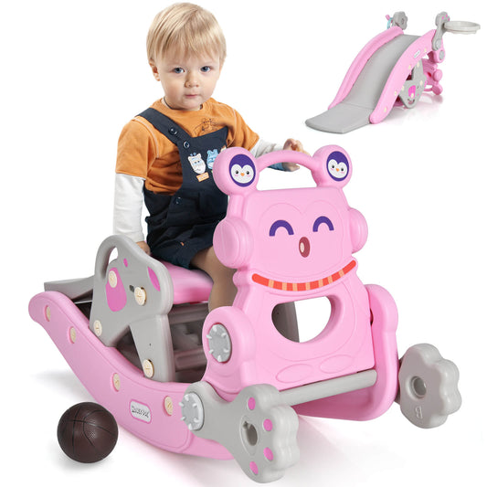 Infans 4-in-1 Rocking Horse & Slide Set Toddler Slide Toy w/ Basketball Hoop