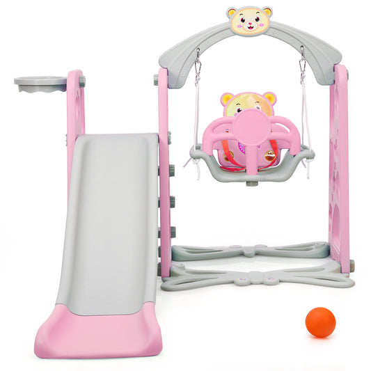 Infans 4-in-1 Toddler Climber and Swing Set w/ Basketball Hoop & Ball Pink