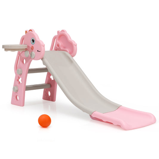 Infans 3 in 1 Kids Slide Baby Play Climber Slide Set w/Basketball Hoop Pink