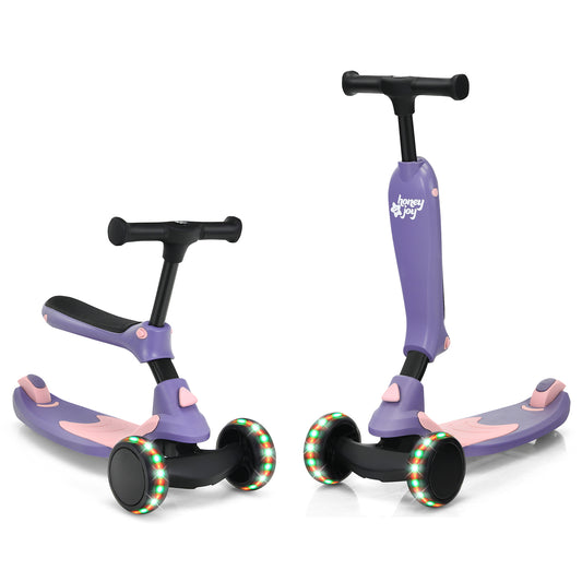 Infans 2 in 1 Kids Kick Scooter with Flash Wheels, Portable 3 Wheel Kids Scooter with Gravity Steering System, Rear Fender Brake, Suitable for Girls Boys from 1.5 to 6 Years Old(Purple)
