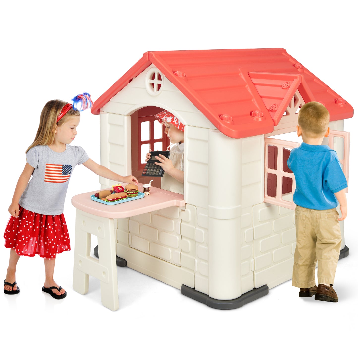 Infans KidFTs Playhouse Games Cottage w/ 7 PCS Toy Set & Waterproof Cover Pink