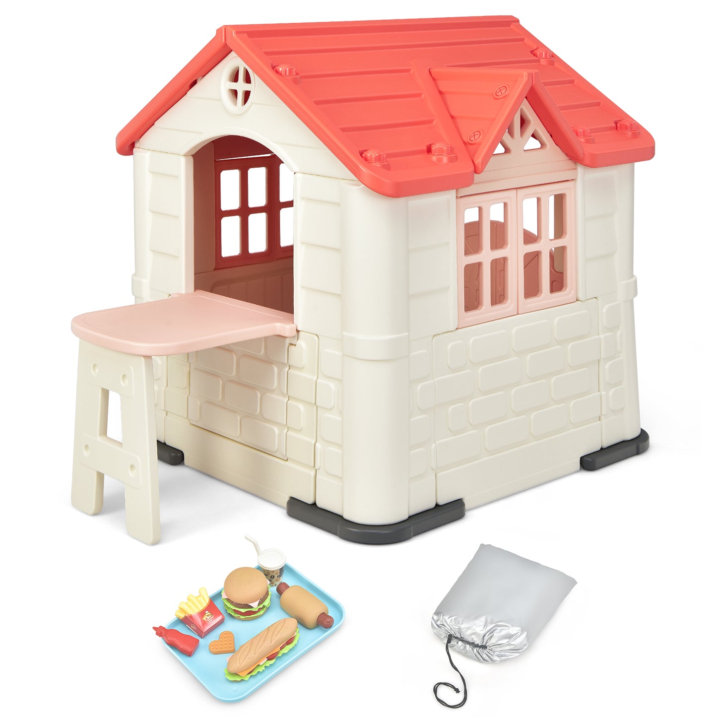Infans Kid's Playhouse Games Cottage w/ 7 PCS Toy Set & Waterproof Cover Pink