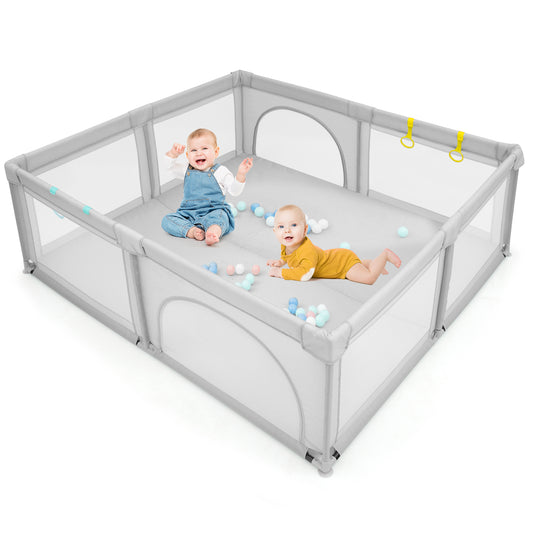 Infans Extra Large Baby Playpen Safety Baby Play Yard w/50 Ocean Balls & 4 HandlesLight Grey