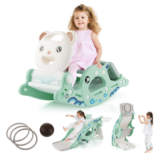 Infans 4-in-1 Kids Slide Rocking Toy Slide Rocking Horse w/Basketball Hoop Rings Green