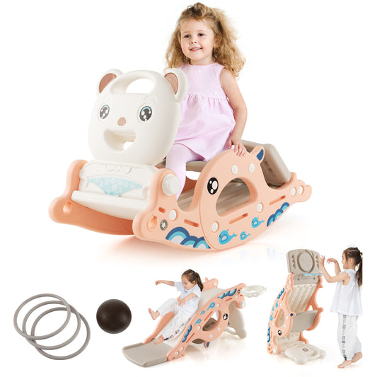 Infans 4-in-1 Kids Slide Rocking Toy Slide Rocking Horse w/Basketball Hoop Rings Pink