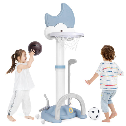Infans 4-in-1 Toddlers Basketball Hoop with Basketball Soccer Golf and Ring Toss Game