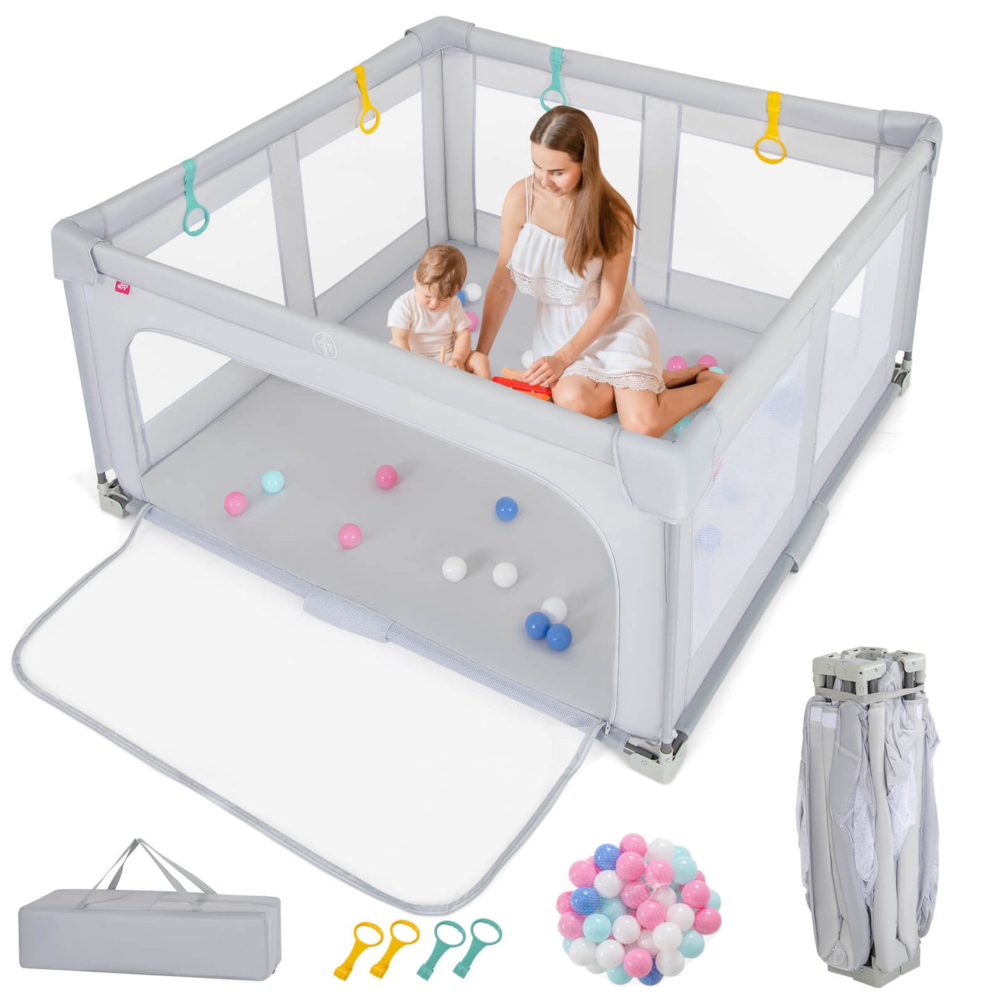 Infans Large Baby Playpen 59inch x 59inch with Zipper Gate 50 Ocean Balls and 4 Pull-up Rings